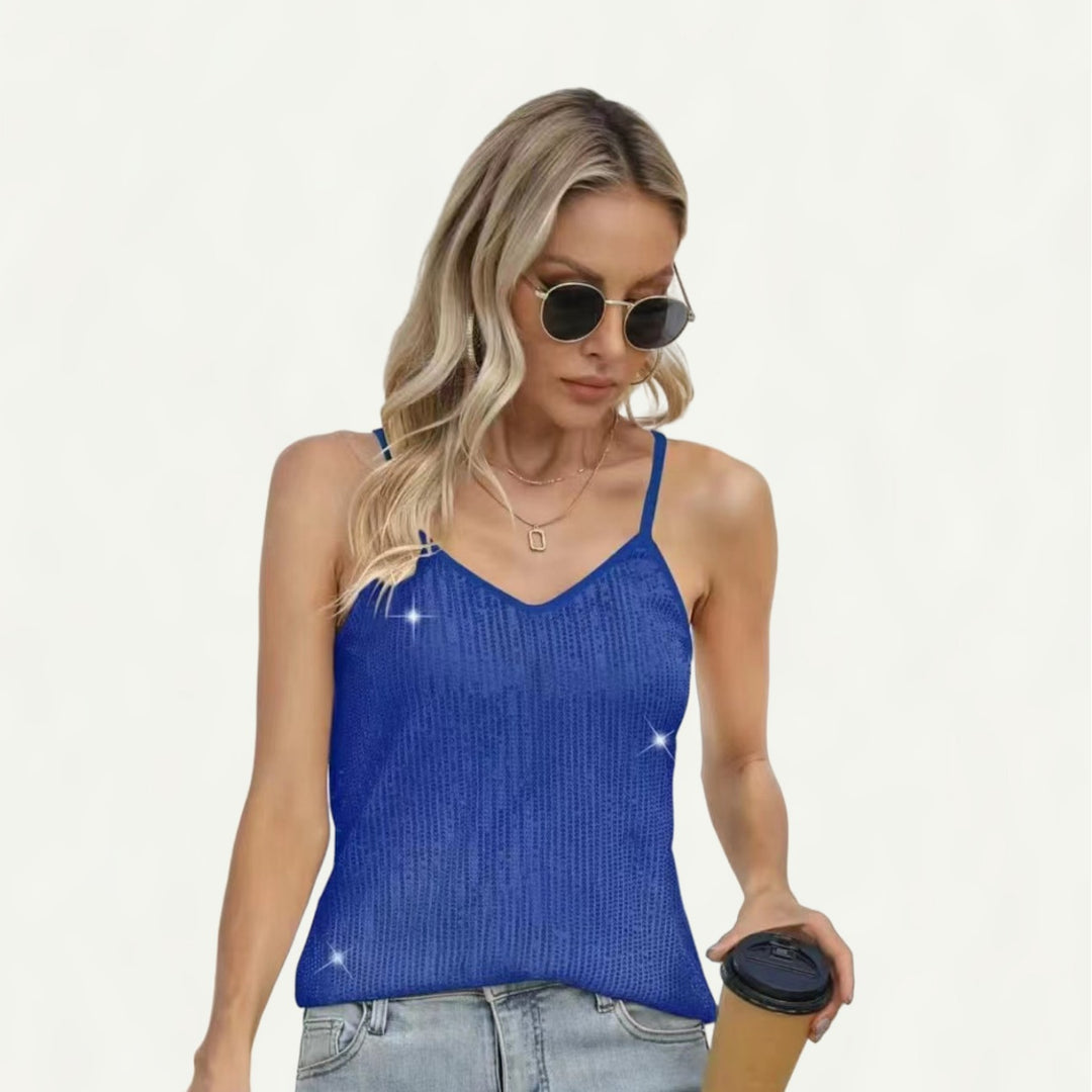 Dame glitrende spaghetti-stropbluse med glitrende tekstur og moderne snit Stilla