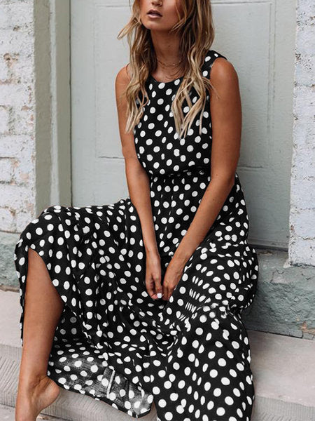 Dame Polka-Dot-Maxikjole med sidelukninger Stilla