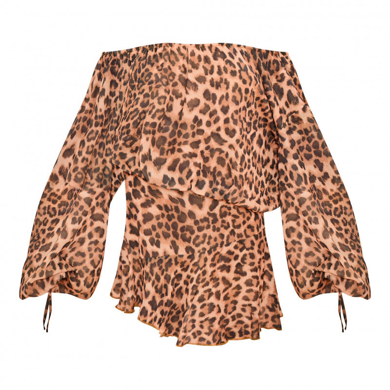Damer Off-Shoulder Kjole med voluminøse ærmer og grafisk leopardmønster Stilla