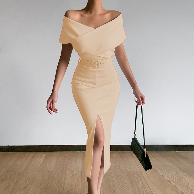 Dame Off-Shoulder Bodycon Kjole med Bælte Stilla