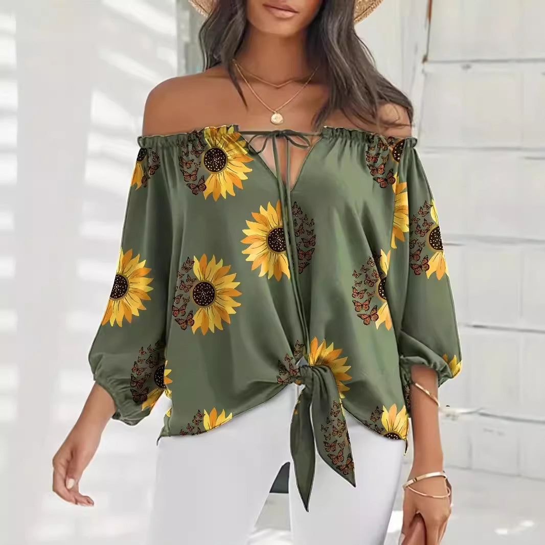 Dame Off-Shoulder Bluse med solsikkemønster og bindebånd Stilla