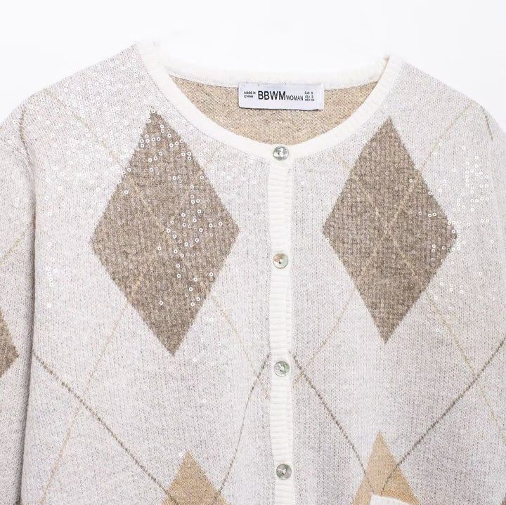 Femme Argyle-mønster Paillette Strik Cardigan Stilla