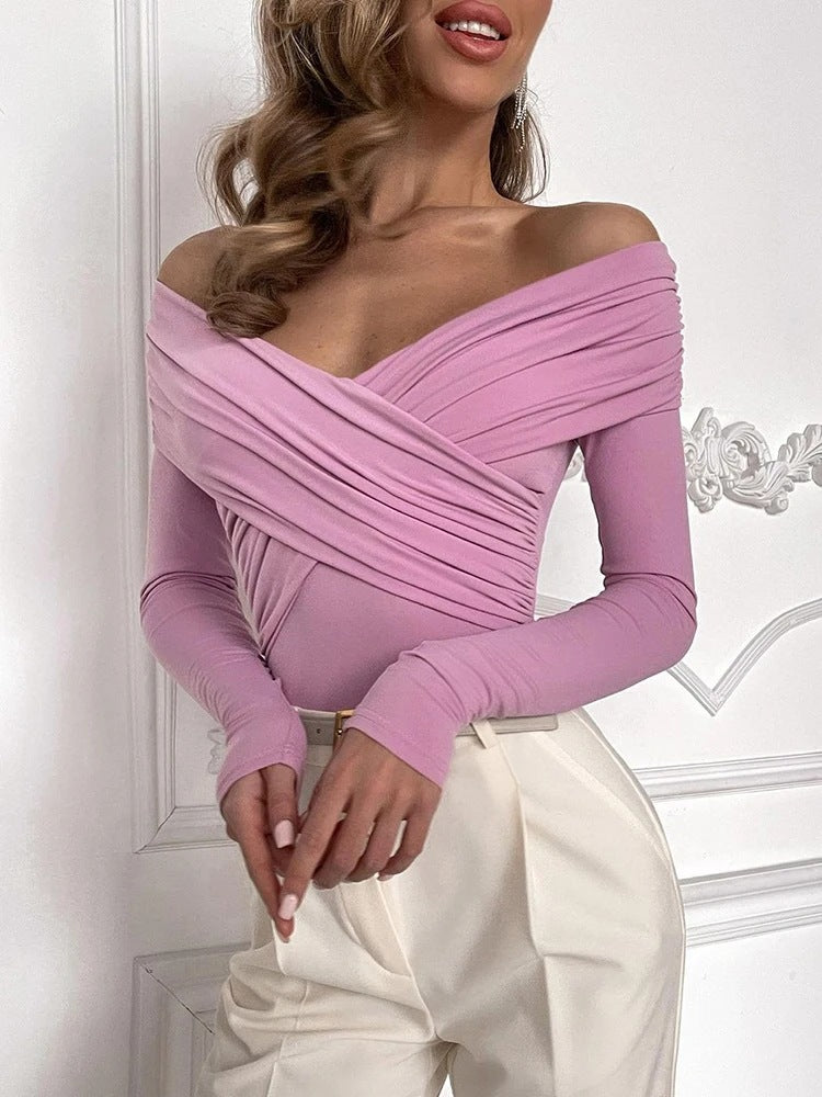 Dame Off-Shoulder Top med raffineret omslagsdesign og lange ærmer Skovae
