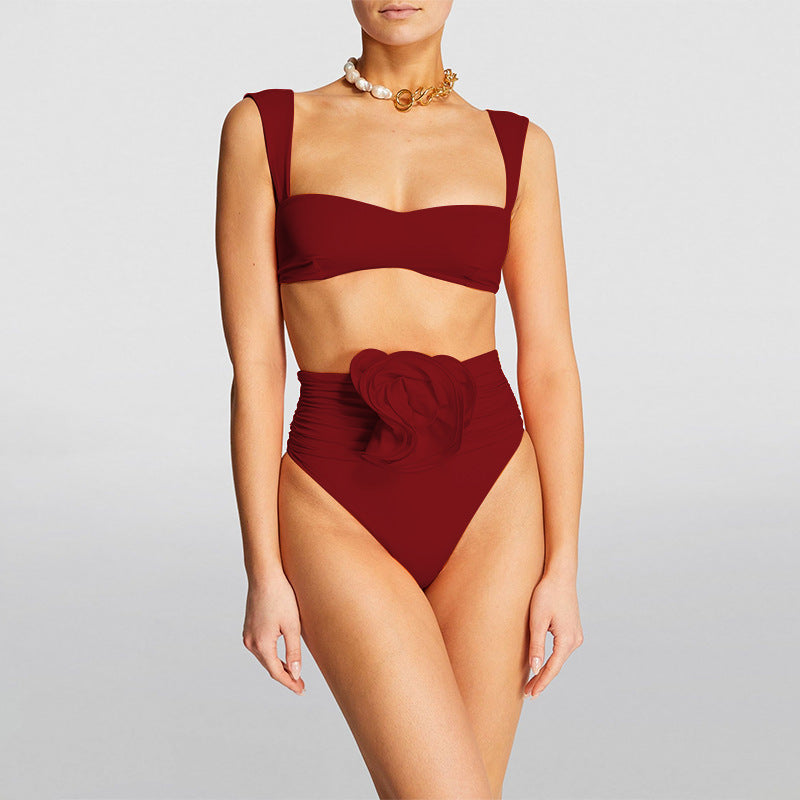 Femme Højskåret Floral Bikini Sæt med Foldet Blomster Detalje Stilla