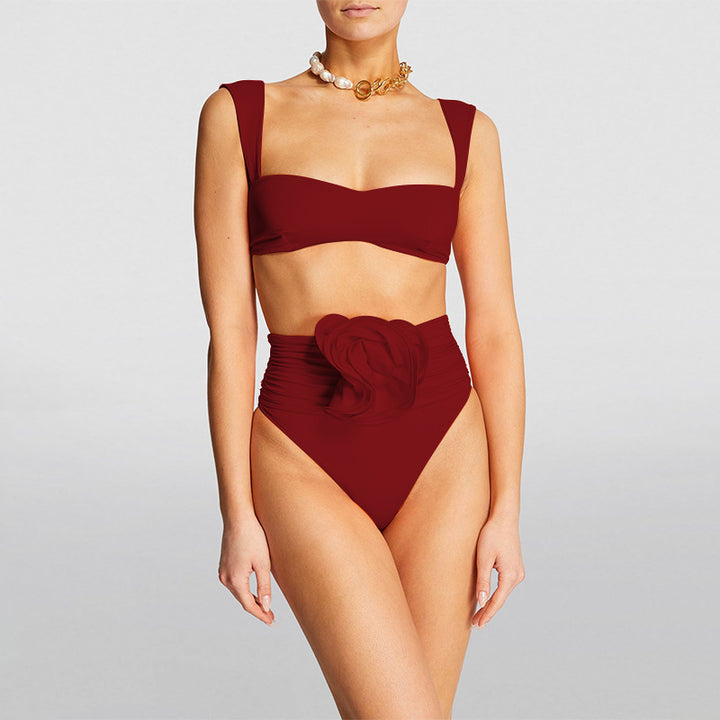 Femme Højskåret Floral Bikini Sæt med Foldet Blomster Detalje Stilla