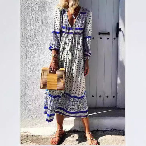Dame Boho-Midi kjole med fine detaljer og smart mønster Stilla