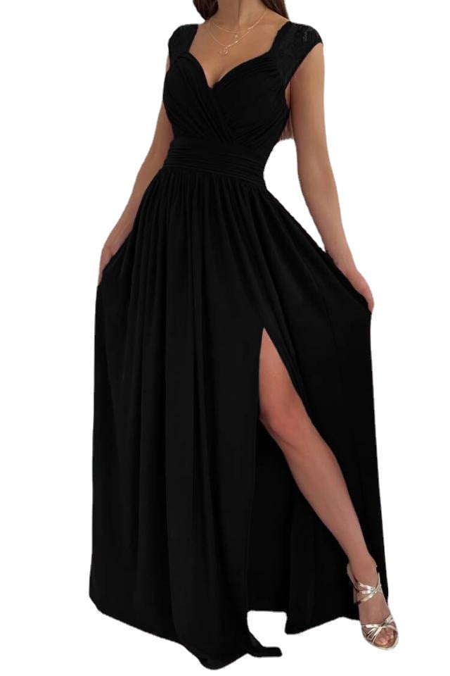 Dame elegant maxikjole med transparente spidsdetaljer og sidelukning Stilla