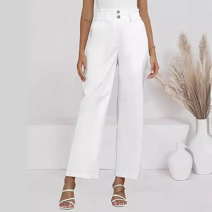 Dame bred stofbukser med elastisk talje og fashionable knapdetaljer Skovae