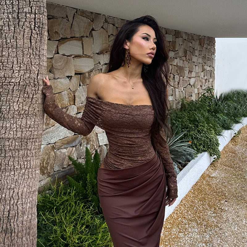 Dame Elegant Off-Shoulder Kjole med Spidseloberdel Skovae