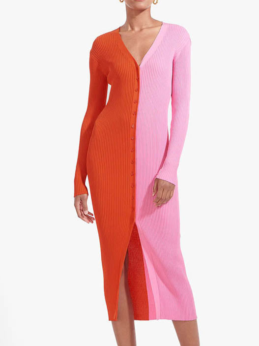 Stilla | Afslappet V-hals Bodycon Front Split Strik Trøje Kjole