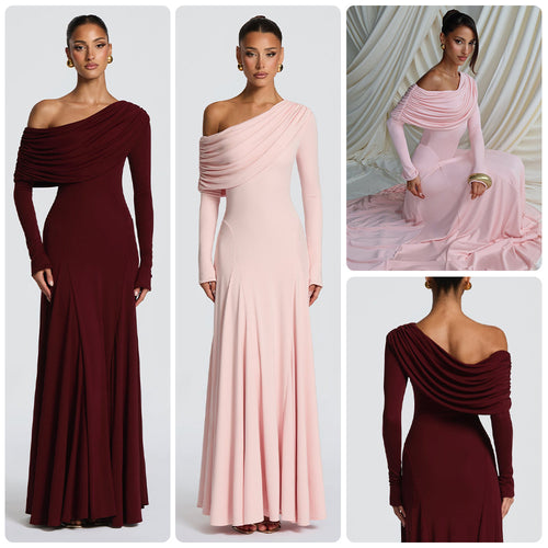 Kvinders elegante langeærmet maxi kjole med asymmetrisk draperingsdetalje