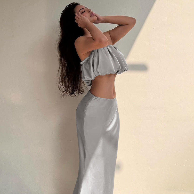 Dame Elegant top med rynket design og lang, tætsiddende nederdel Stilla