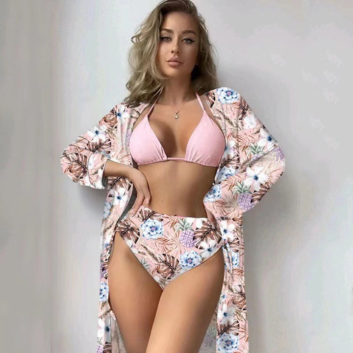 Dame bikini sæt med blomster kaftan og højt skåret trusse Stilla