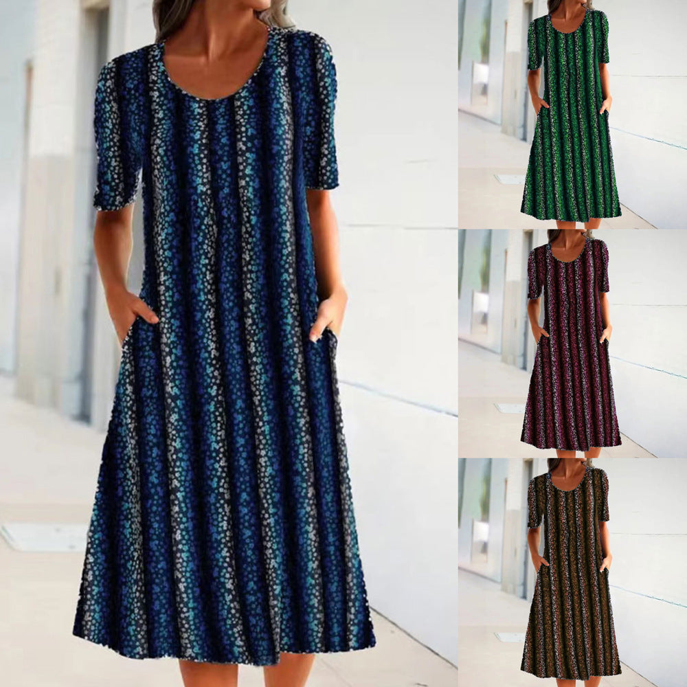Stilla | Casual Leopard Stripe Pocket Rund Hals Korte Ærmer Kjole