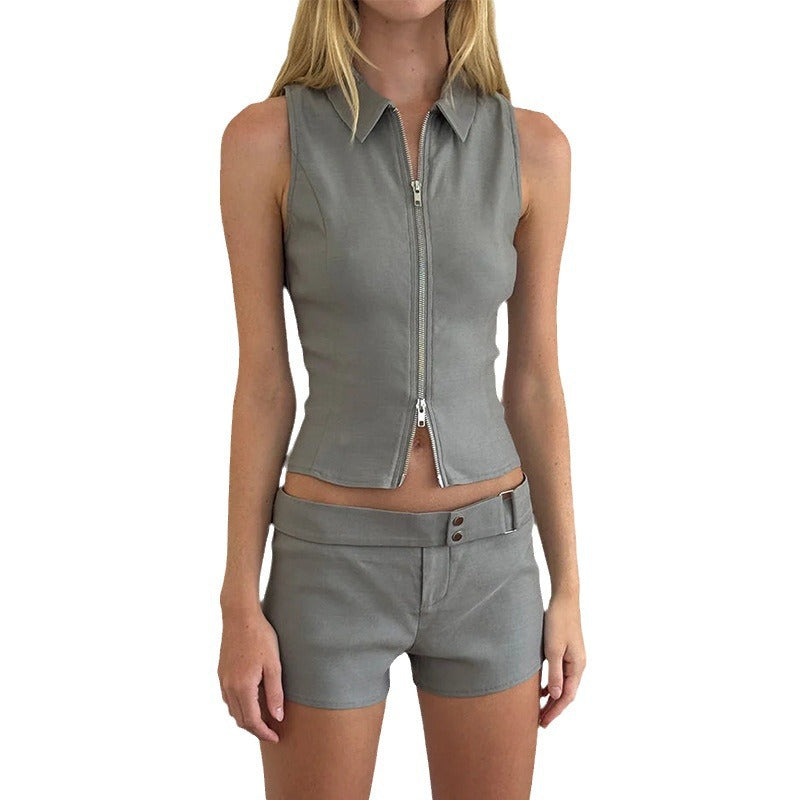 Dame figursyet Cropped-Top med lynlås og matchende shorts Stilla