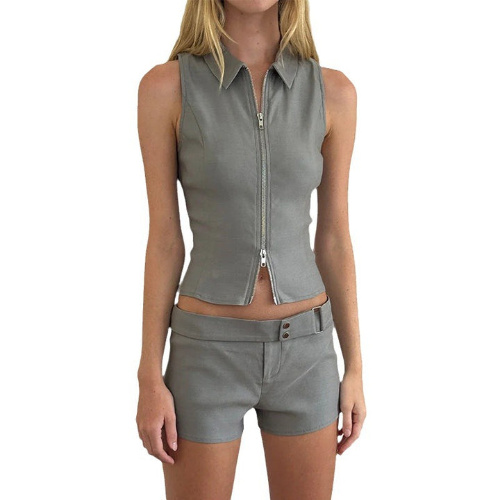 Dame figursyet Cropped-Top med lynlås og matchende shorts Stilla