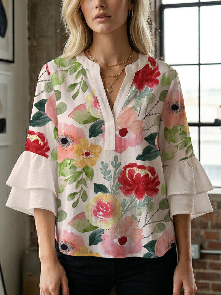 Damebluse med voluminøse rynkede ærmer og blomstertryk Skovae