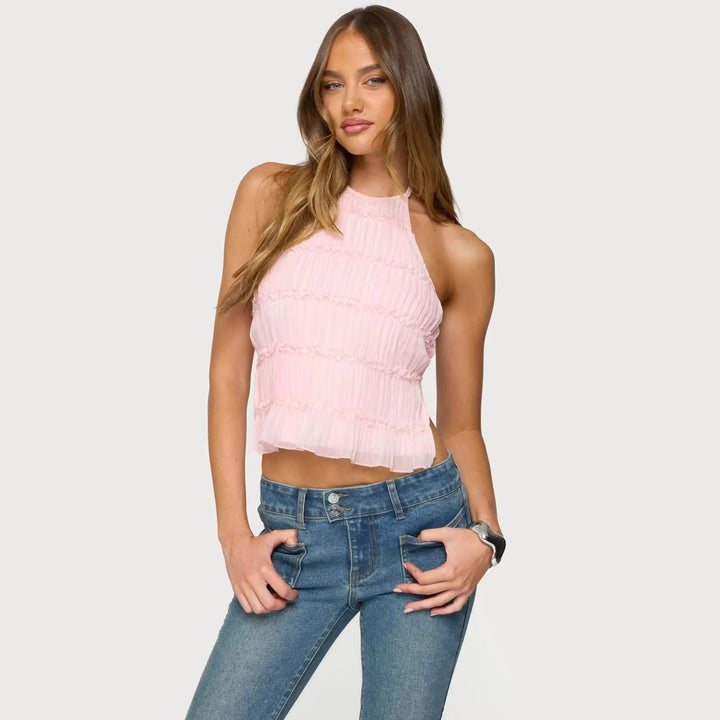 Dame Elegant Top med plisserede detaljer og sidelange cut-outs Skovae