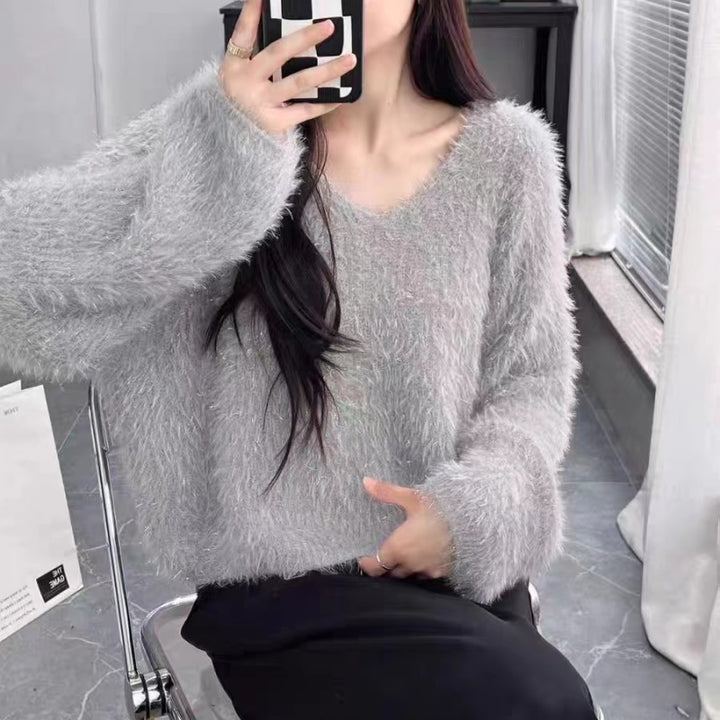 Femme V-hals Strukturstrik Pullover Sweater Stilla
