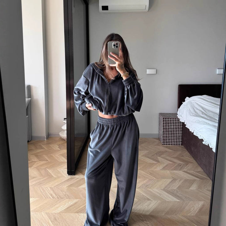Kvinders fleece loungewear sæt med moderne lynlås og løs pasform