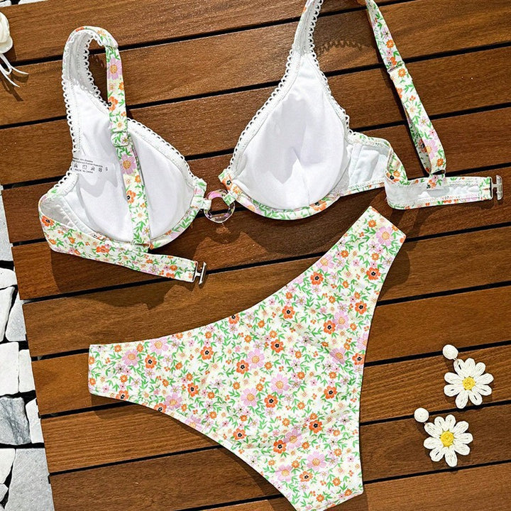 Dame blomster mønster bikini sæt med rynk og ringdetaljer Skovae