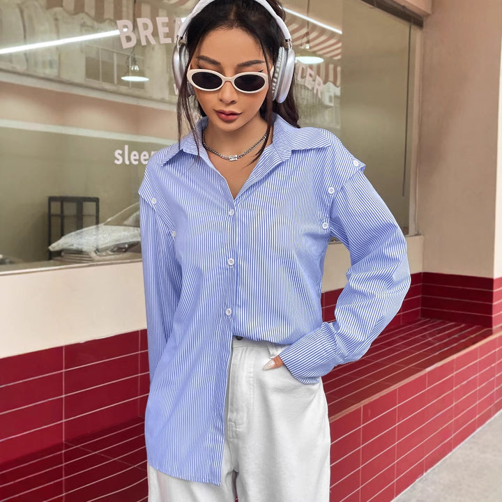 Dame casual stribet bluse med oversized pasform og knapdetaljer Stilla