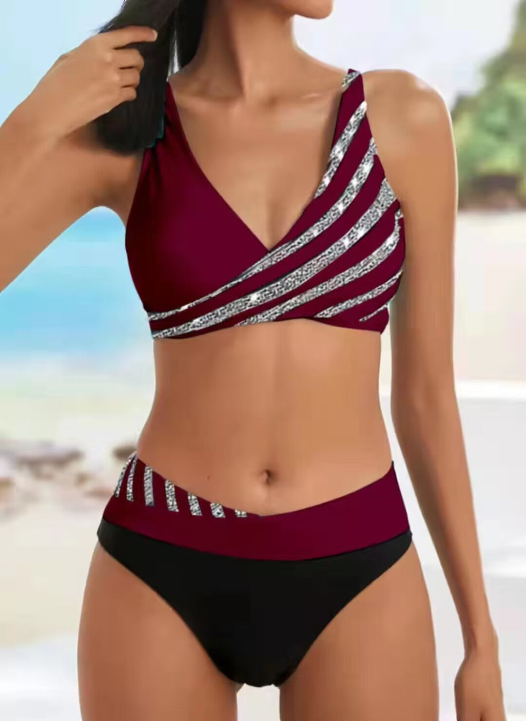 Dame bikini-sæt med asymmetrisk top og kontrastdesign Stilla
