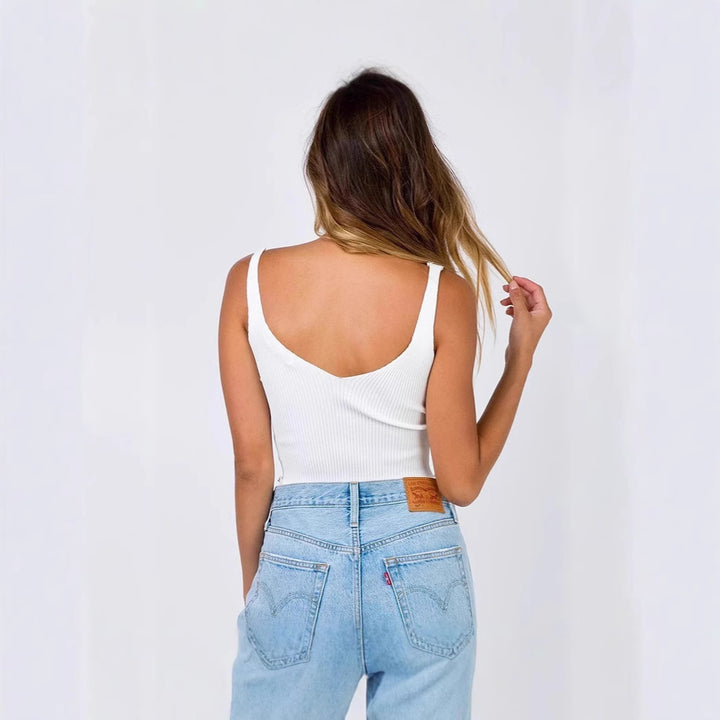 Dame afslappet Crop-Top med fin ribbestruktur og forførende V-udskæring Stilla