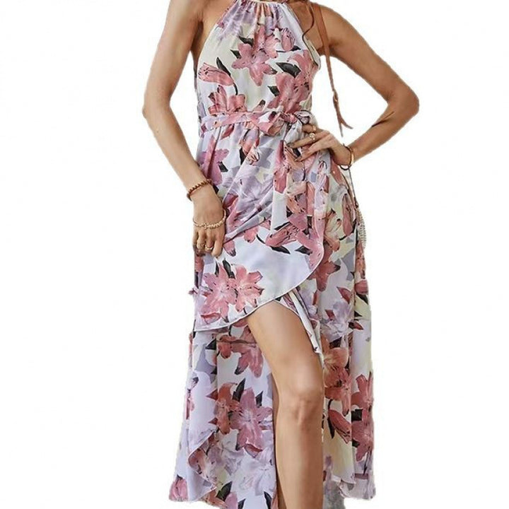 Dame Halterneck Maxikjole med asymmetrisk kant og blomsterdesign Stilla