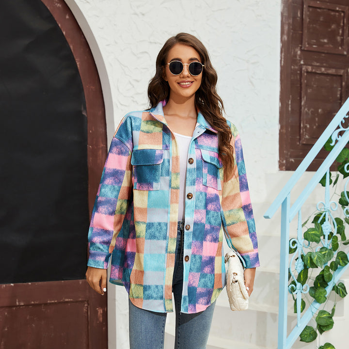 Dame Tjekket Flannel Jakke med Praktiske Lommer og Oversized Snit