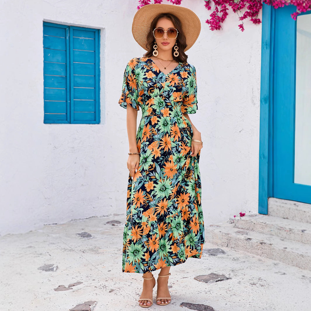 Dame Floral Print Maxikjole med flatterende V-udskæring og flydende ærmer Stilla