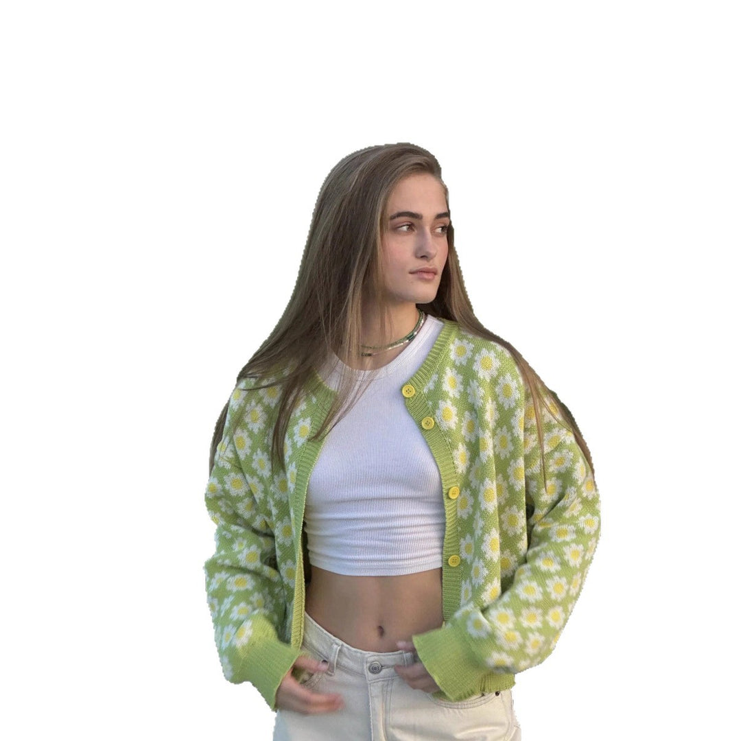 Kvinders cardigan med blomster mønster og farverige knapper Stilla