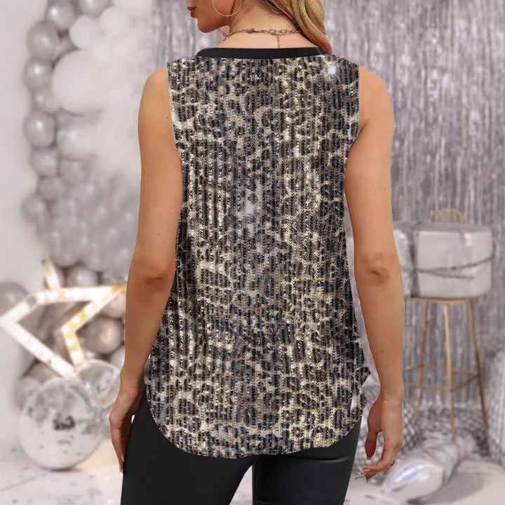 Dame Glitrende V-hals Top med Animal-Print Stilla
