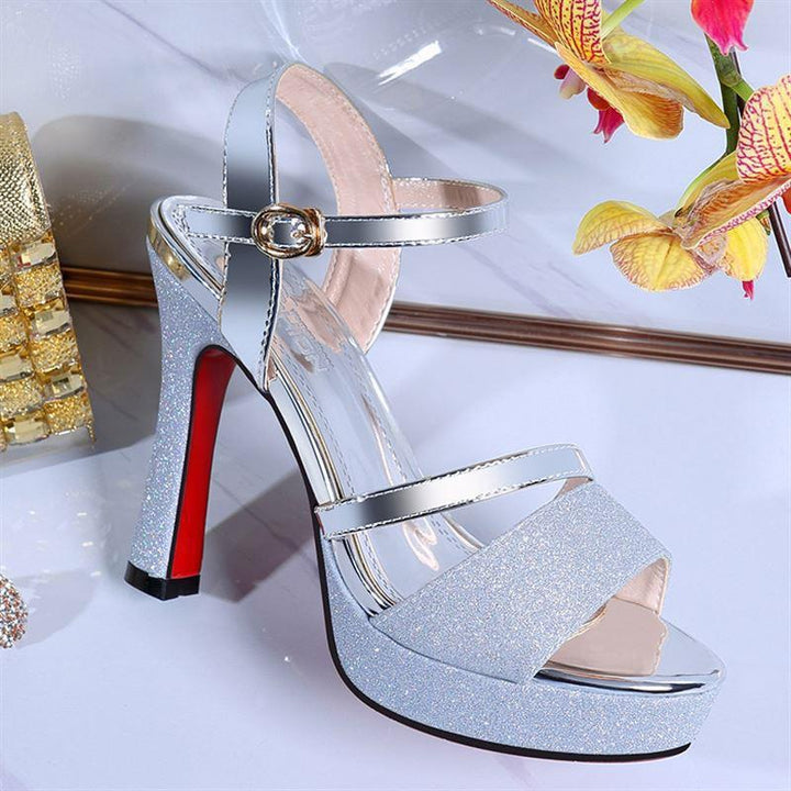 Dame Glamourøse High Heels med glitrende overflade og elegant blokhæl Stilla