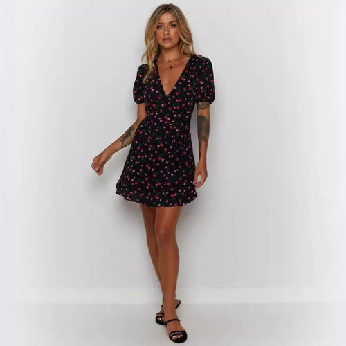 Dame Blomster Wrap Mini Kjole med Puffærmer Stilla