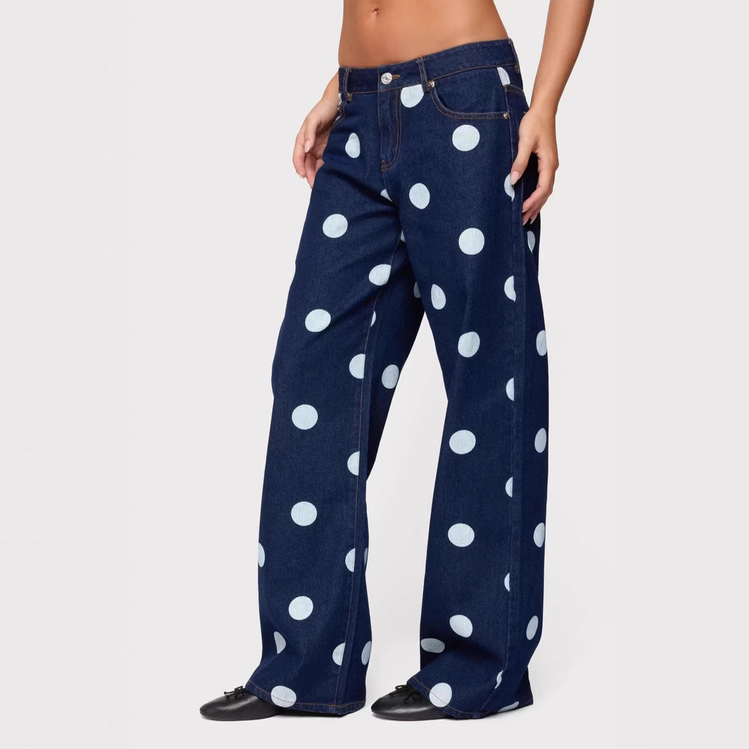 Dame Polka-Dot Denim-Sæt med afslappet snit og trendy detaljer Skovae