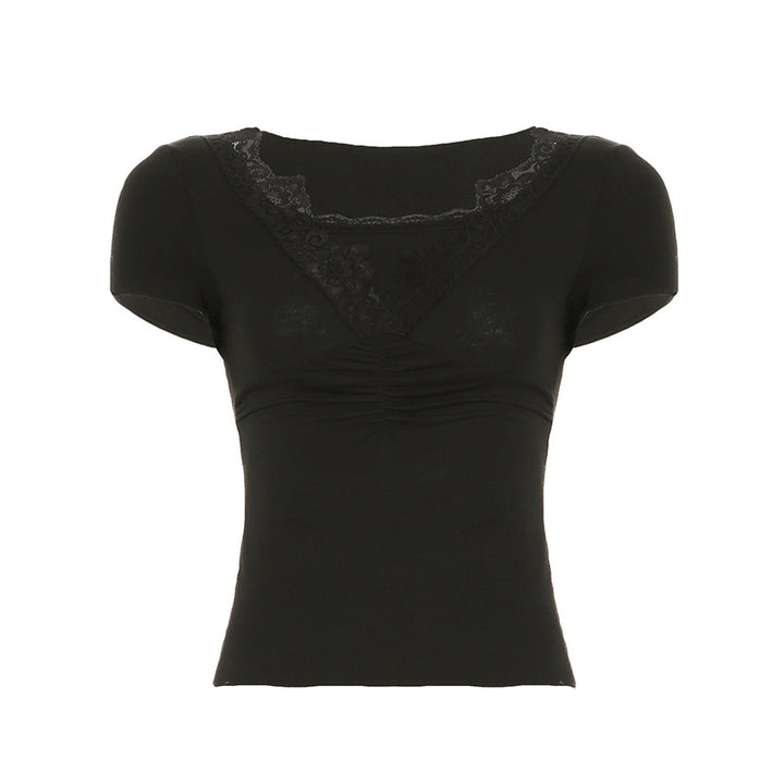 Dame elegant spids top med ruched design og V-hals Skovae