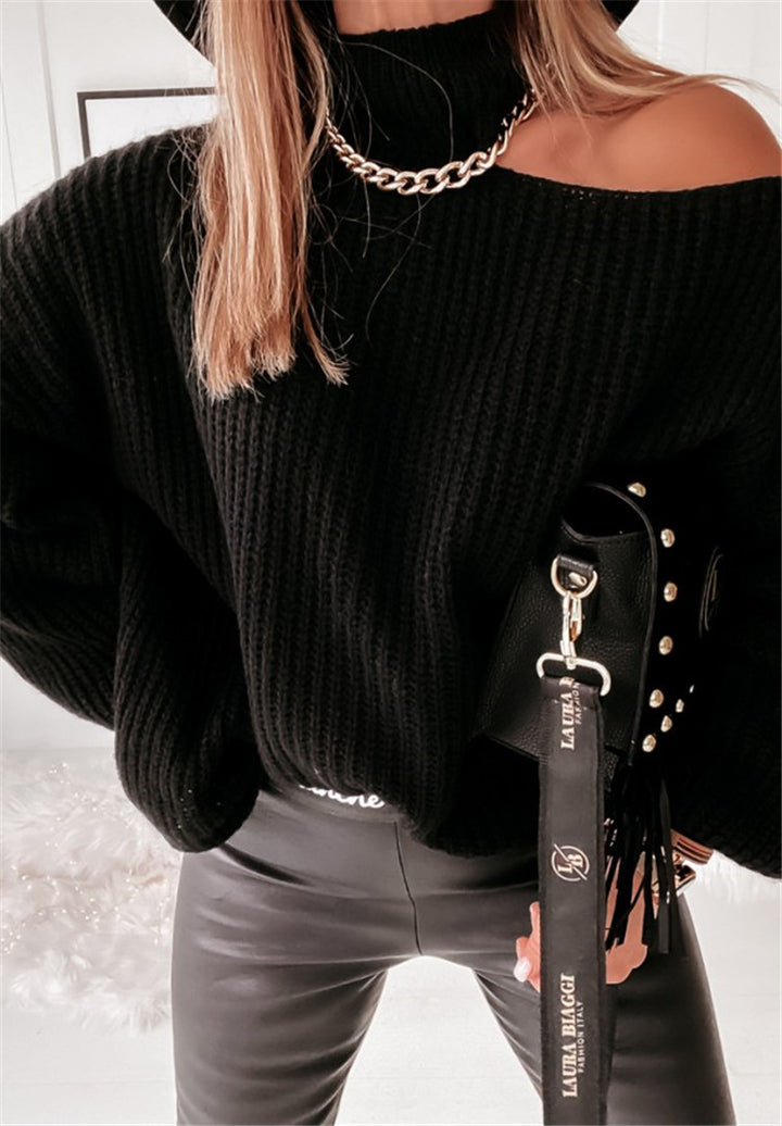 Dame afslappet strikpullover med asymmetrisk skulderdesign og høj krave Stilla