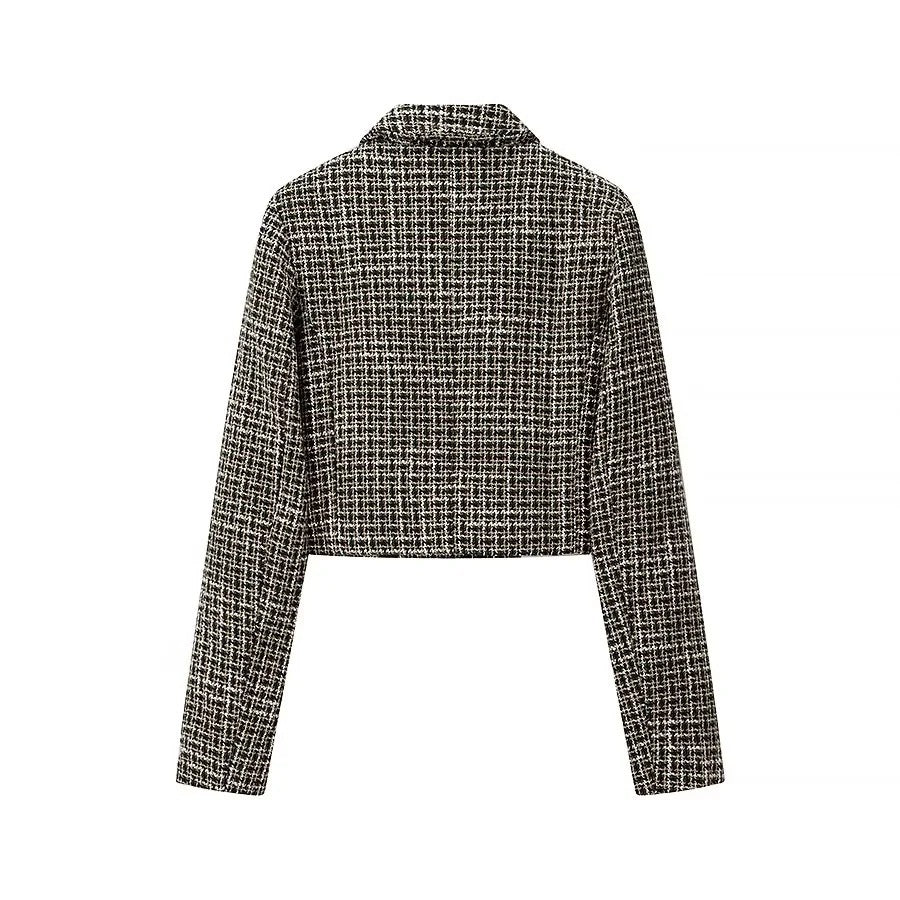 Dame Kort Tweed-Blazerjakke med dobbelt knaplukning og elegante detaljer Stilla