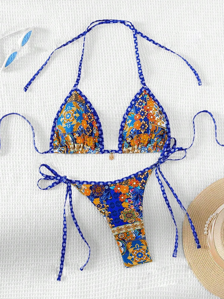 Damer trekant-bikini med blomsterdesign og justerbare bånd Skovae