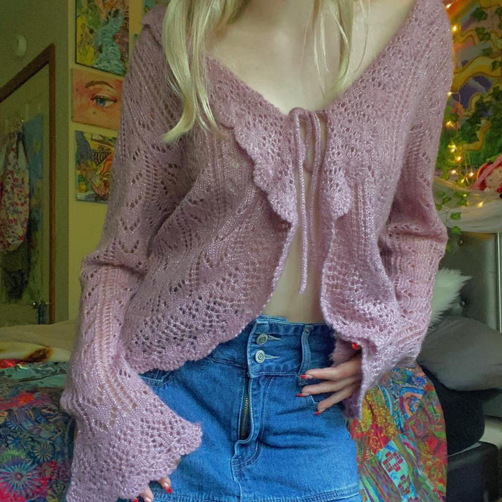 Dame hæklede cardigan med flæse detaljer Skovae