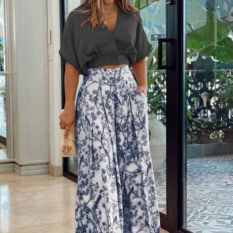 Kvinders elegante crop top med brede ærmer og højtaljede bukser Stilla