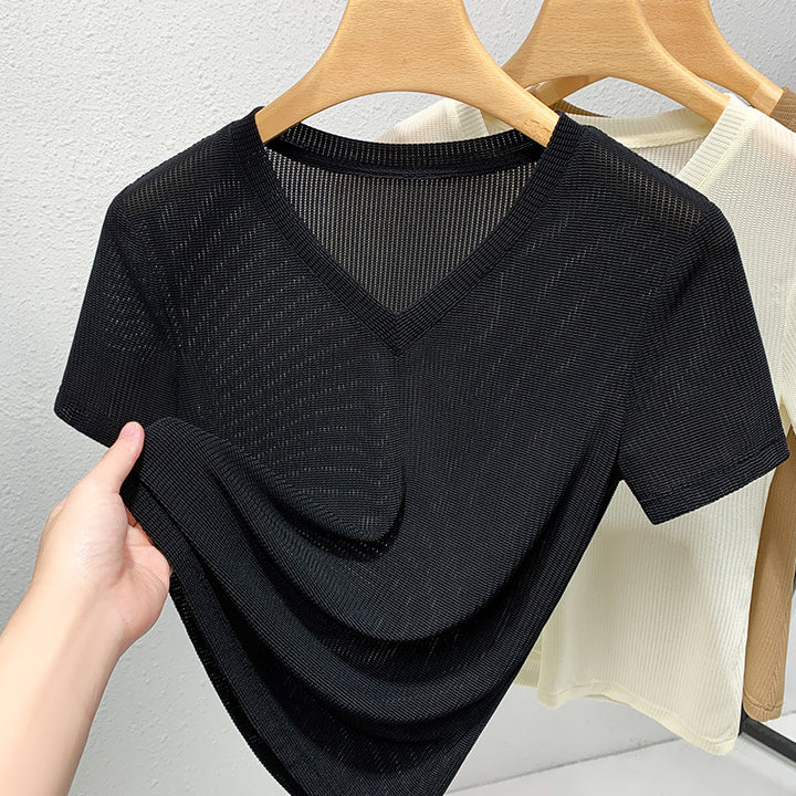 Dame V-hals T-shirt med struktureret stof Stilla