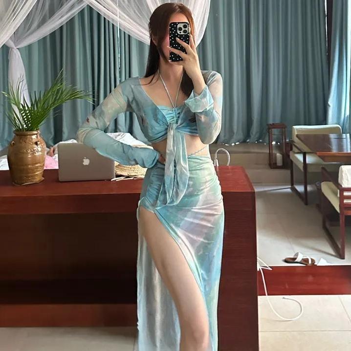 Femme Gennemsigtigt Slips-Front Crop Top og Maxi Nederdel Sæt Stilla