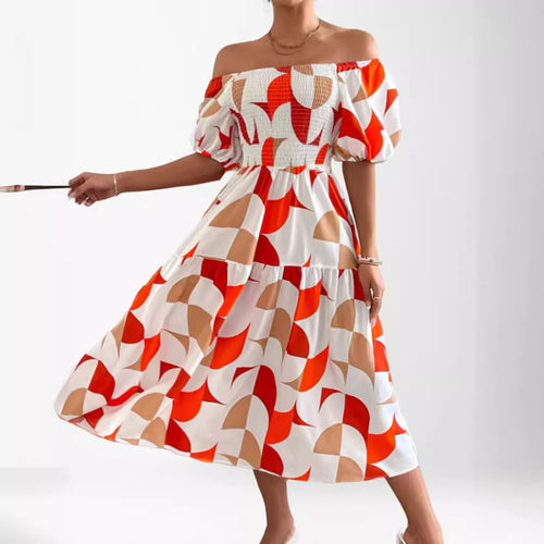 Dame Off-Shoulder Maxikjole med luftige puffærmer og geometrisk mønster Stilla