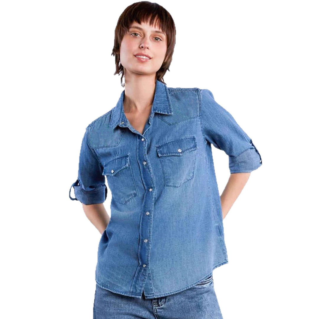 Dame afslappet Denim-bluse med påsatte lommer og let figursyet snit Skovae