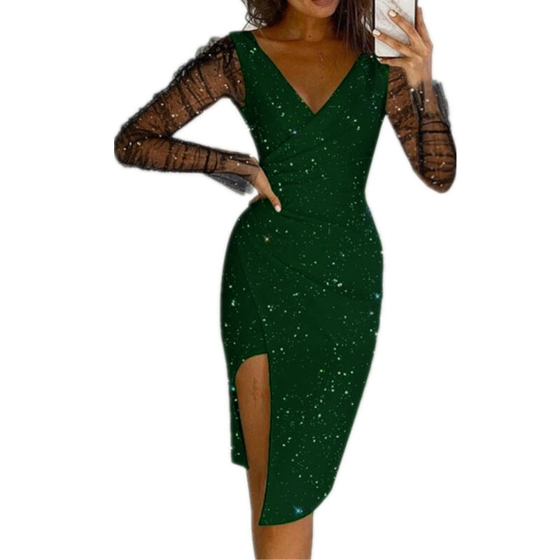 Kvinder Elegant V-hals Bodycon Kjole med transparente lange ærmer Stilla
