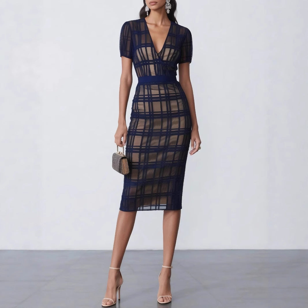 Dame Bodycon Mesh Midi Kjole med Rutmønster Stilla