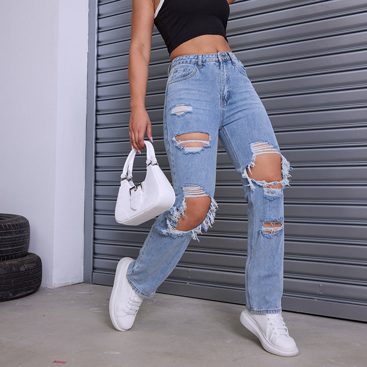 Dame Destroyed Jeans med moderne høj talje snit og iøjnefaldende revnedetaljer Stilla