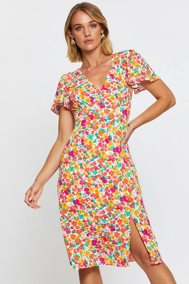 Dame floral print midi kjole med sideslitz og flæseærmer Stilla